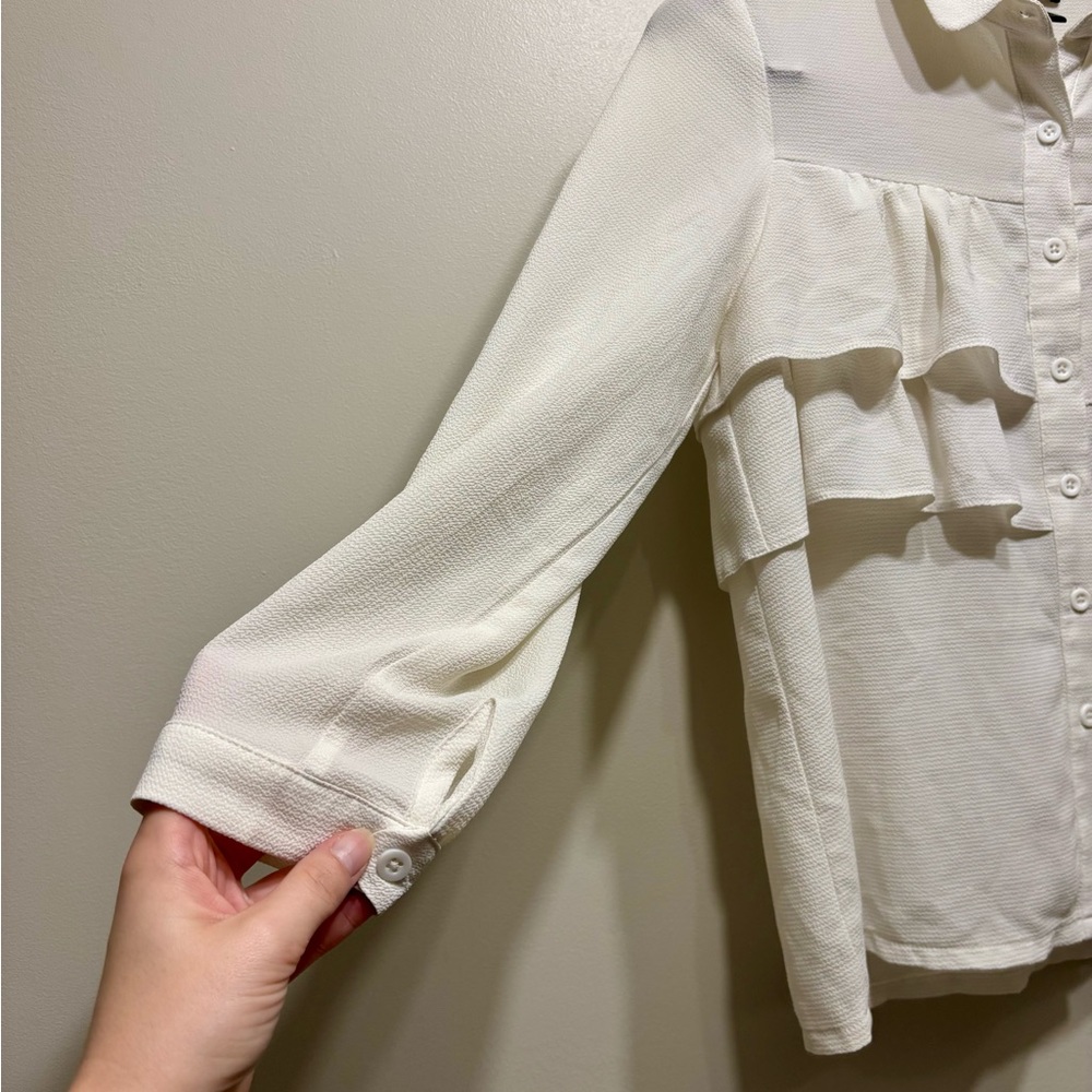 ✨$8 CLEAR-OUT✨ Miki Ruffle Long Sleeve Preppy Button Down Blouse Shirt Top White - Picture 4 of 7
